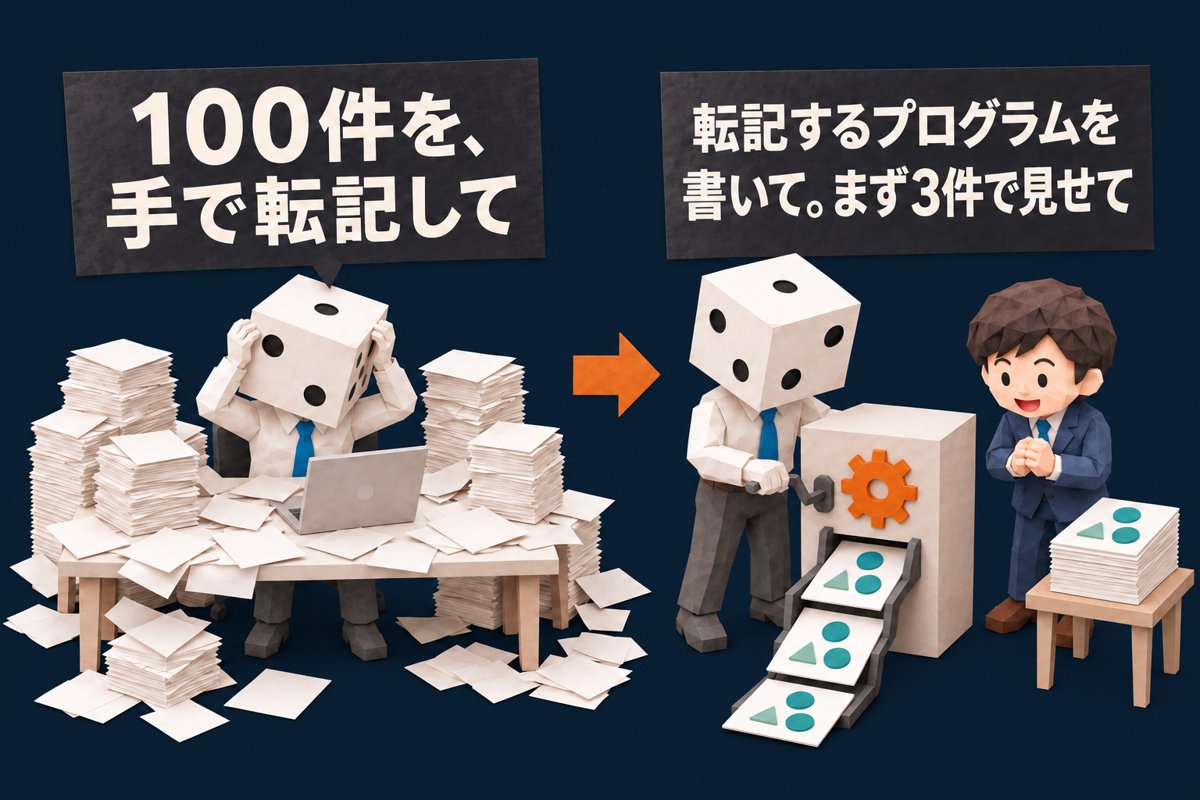 「「必ず」と書いても守られない。繰り返しはプログラムに任せる」を表したイラスト